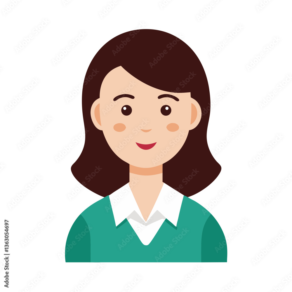 an illustration of a smiling woman with brown hair, wearing a green sweater and white shirt. This cheerful portrait is rendered in a flat, clean style an illustration of a smiling woman with brown hair, wearing a green sweater and white shirt. This cheerful portrait is rendered in a flat, clean style