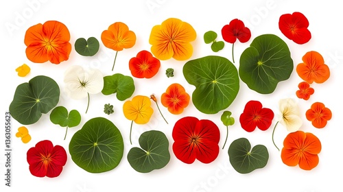 Vibrant Nasturtium Blossoms and Leaves: A Flat Lay Composition AI Generated