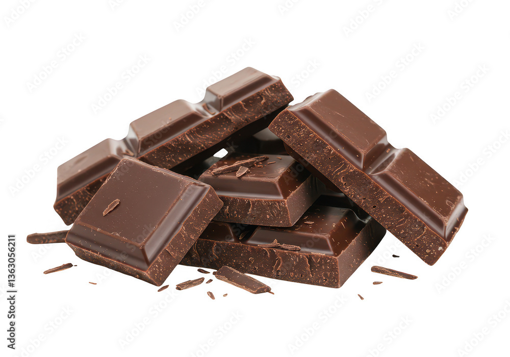 A pile of broken dark chocolate pieces isolated on transparent background A pile of broken dark chocolate pieces isolated on transparent background