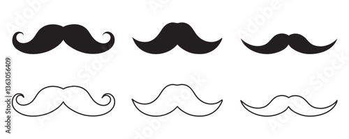 Set of mustaches. Sillhouettes of moustache collection, outline vector illustration on white background