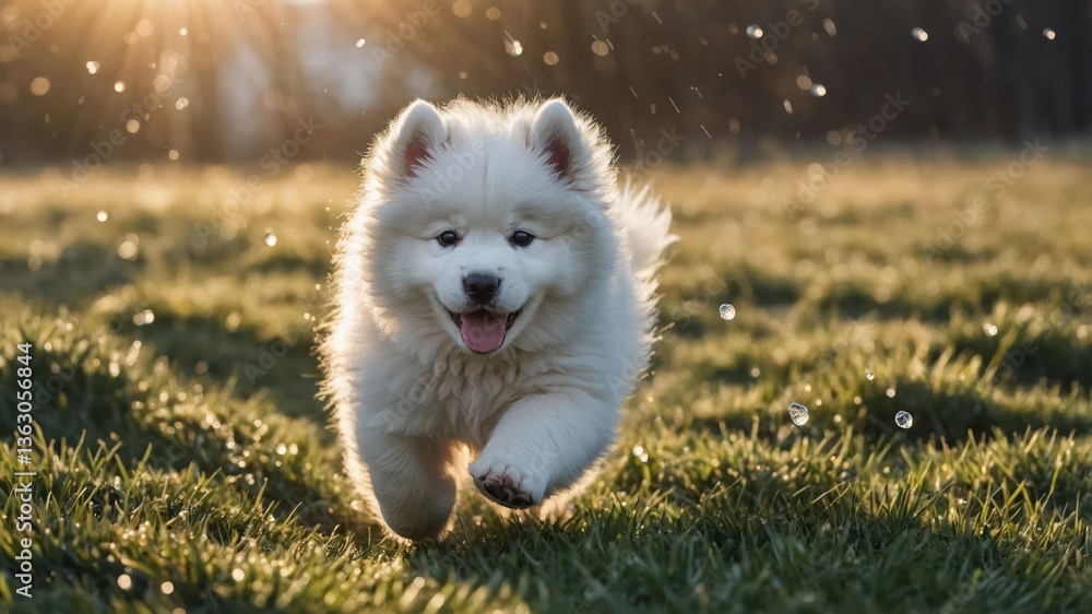 A playful puppy runs joyfully through a sunlit field, surrounded by droplets of water. A playful puppy runs joyfully through a sunlit field, surrounded by droplets of water.