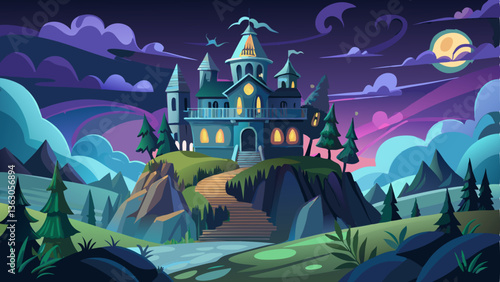 haunted mansion atop a hill, with flickering lights and a sense of unseen presence