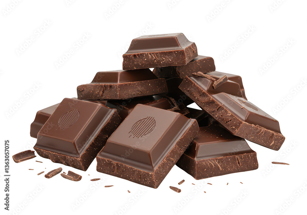 A pile of broken dark chocolate pieces isolated on transparent background A pile of broken dark chocolate pieces isolated on transparent background