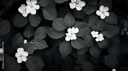 Wallpaper Mural Monochrome Floral Close-Up: Delicate White Blossoms Amidst Dark Green Leaves AI Generated Torontodigital.ca