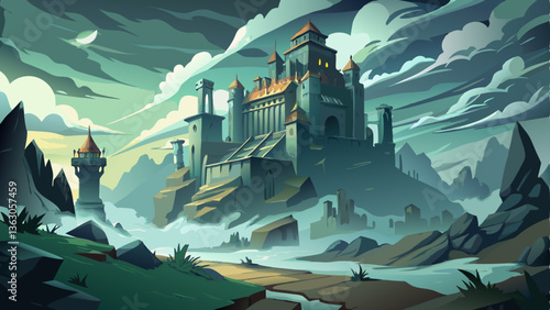 decaying castle shrouded in mist, where the wind howls through its empty halls
