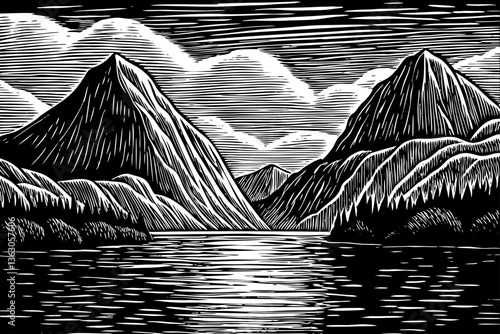 black and white mountains surrounded by water hand drawn sketch outline