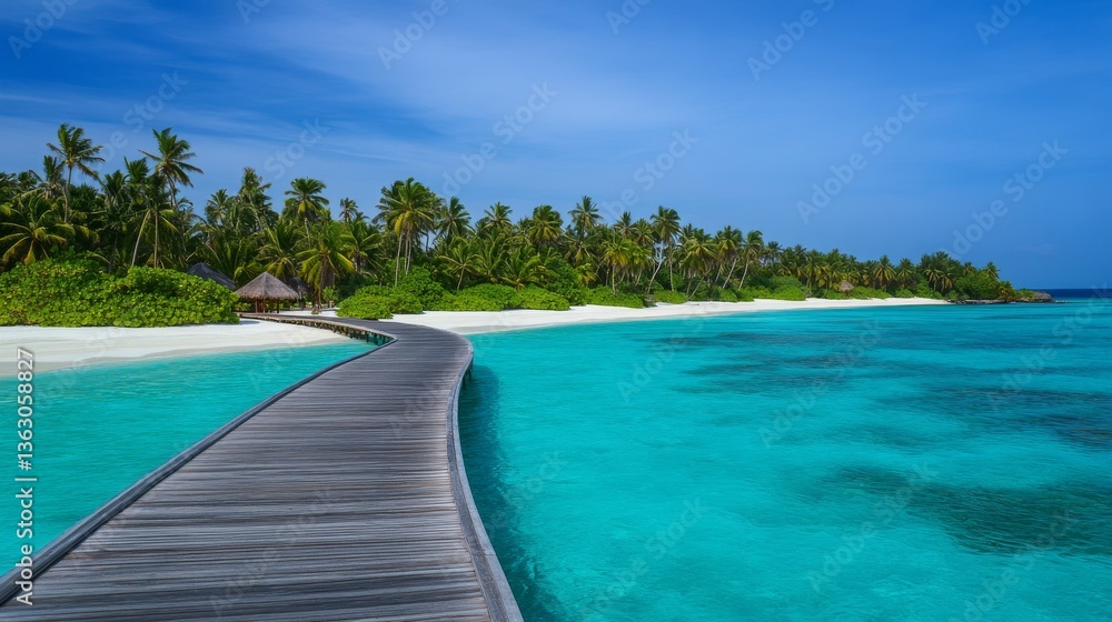 Fototapeta premium Idyllic wooden walkway leading to a tropical island in the Maldives, surrounded by turquoise waters, white sandy beaches, and palm trees under a clear blue sky, perfect for relaxation and vacation.