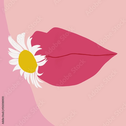 Minimalistic illustration of red lips holding a white daisy on a pink background, blending beauty and nature in a soft, modern style.