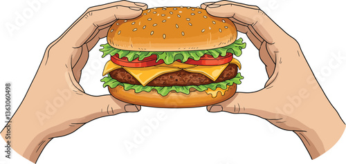 Illustration of Hands Holding A Cheeseburger, Isolated on White Background