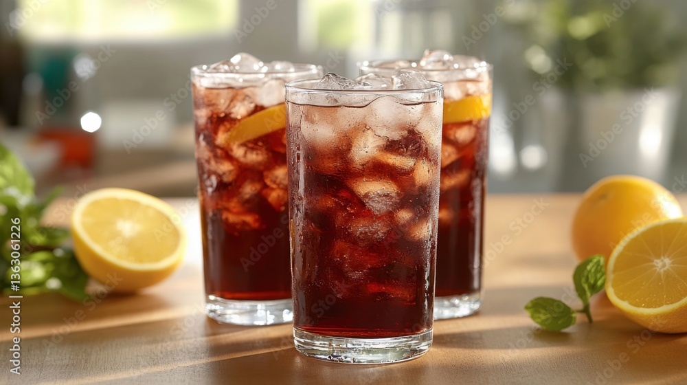 Refreshing iced tea with lemon slices and ice cubes in tall glasses on a wooden surface with natural light creating a bright and inviting atmosphere Refreshing iced tea with lemon slices and ice cubes in tall glasses on a wooden surface with natural light creating a bright and inviting atmosphere