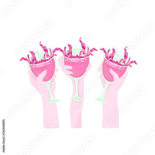 three hands with three cups of drink shaking hands together without a background