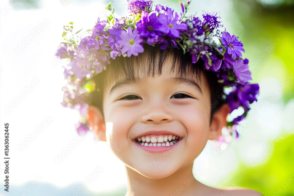 Sunny daylight. Smiling asian child boy with tt hair wearing purple flower circlet on his head. Happy vacation time holidays conceptual art. Carefree boy in a flower garden. Sunny daylight. Smiling asian child boy with tt hair wearing purple flower circlet on his head. Happy vacation time holidays conceptual art. Carefree boy in a flower garden.