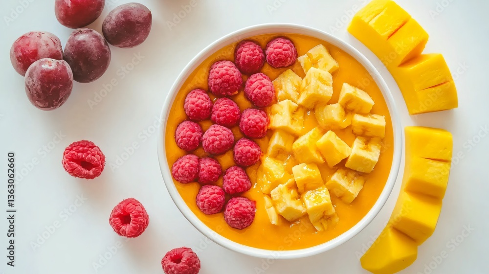 Colorful smoothie bowl with raspberries, mango, and plums on a white background Colorful smoothie bowl with raspberries, mango, and plums on a white background