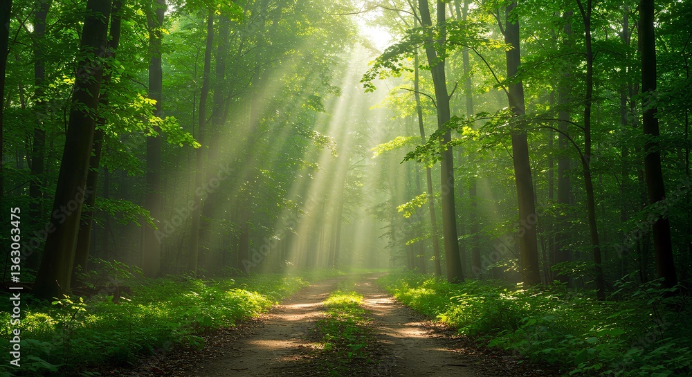 Sunlight Streaming Through a Serene Forest Path Sunlight Streaming Through a Serene Forest Path