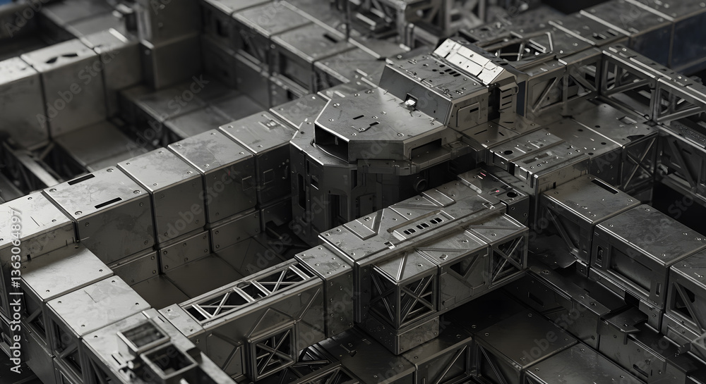 Industrial Abstraction: A striking overhead view of a meticulously crafted, futuristic industrial structure, showcasing complex pathways and geometric forms. Industrial Abstraction: A striking overhead view of a meticulously crafted, futuristic industrial structure, showcasing complex pathways and geometric forms.