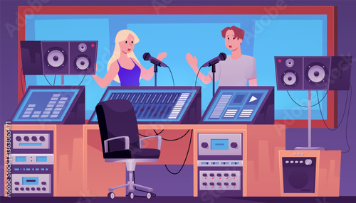 Music sound recording studio room with professional equipment vector illustration, singers performing in live room