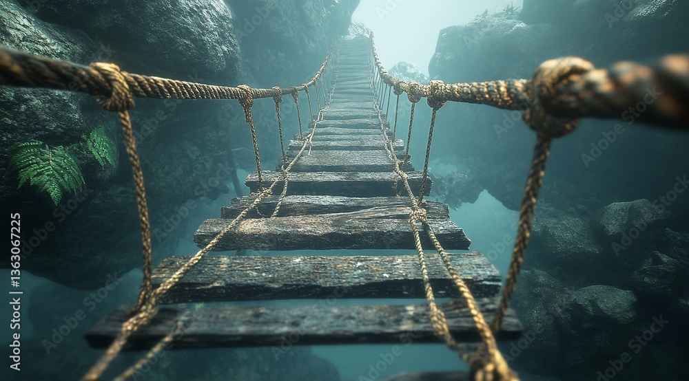 Obraz premium A suspenseful journey across a rickety rope bridge spanning a misty chasm. The old wooden planks and weathered ropes create a sense of mystery and adventure.