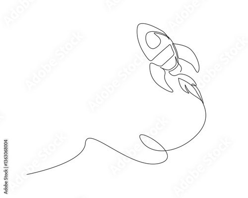 Rocket space ship outline drawing illustration. one continuous line drawing of rocket launch.