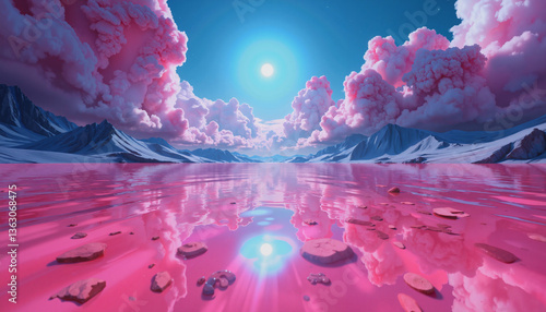Wallpaper Mural A surreal landscape featuring a pinktinted lake surrounded by mountains under a bright blue sky filled with fluffy pink clouds and a glowing sun Torontodigital.ca