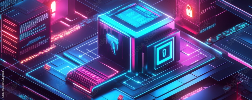 A vibrant, futuristic digital scene featuring glowing blocks with security symbols, representing technology, data protection, and cyber themes. A vibrant, futuristic digital scene featuring glowing blocks with security symbols, representing technology, data protection, and cyber themes.