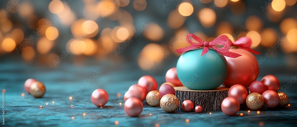 Decorative Christmas ornaments and balls arranged on a festive background Decorative Christmas ornaments and balls arranged on a festive background