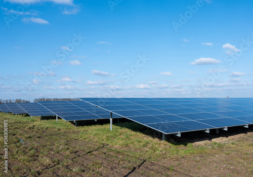 Obraz na płótnie solar panel field under blue sky with fluffy clouds in dutch area near utrecht in holland w salonie