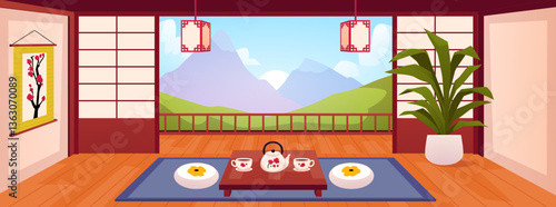 Japanese room with traditional architecture, balcony with mountain view, dining table with tea.