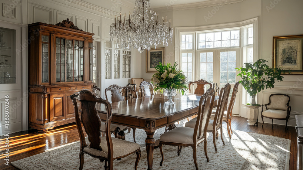 Fototapeta premium Dining Room with Crystal Chandelier, Wooden Furniture, and Natural Light