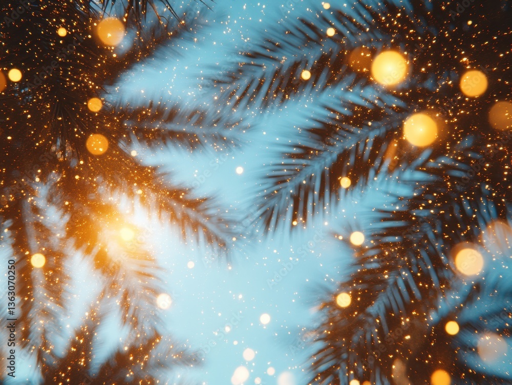 Fototapeta premium Festive palm fronds with bokeh lights creating a magical holiday atmosphere and a dreamy winter feel