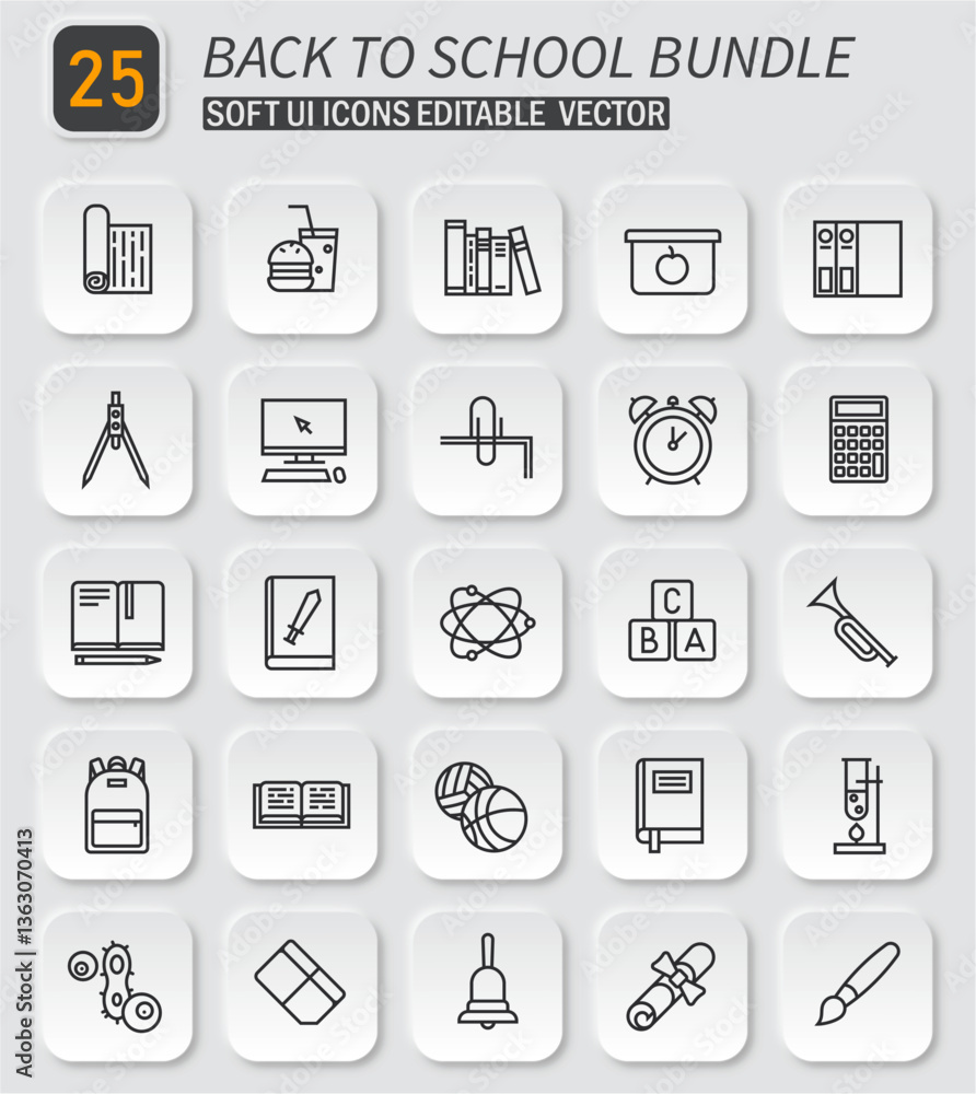 Collection of Back to School Educational Soft UI Style Icon Set Vector Illustration Collection of Back to School Educational Soft UI Style Icon Set Vector Illustration