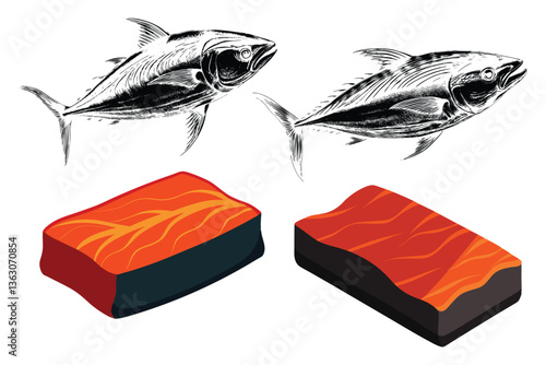 Tuna fish illustration and sashimi sushi piece, Fish Monochrome Vector Illustration And Slices 