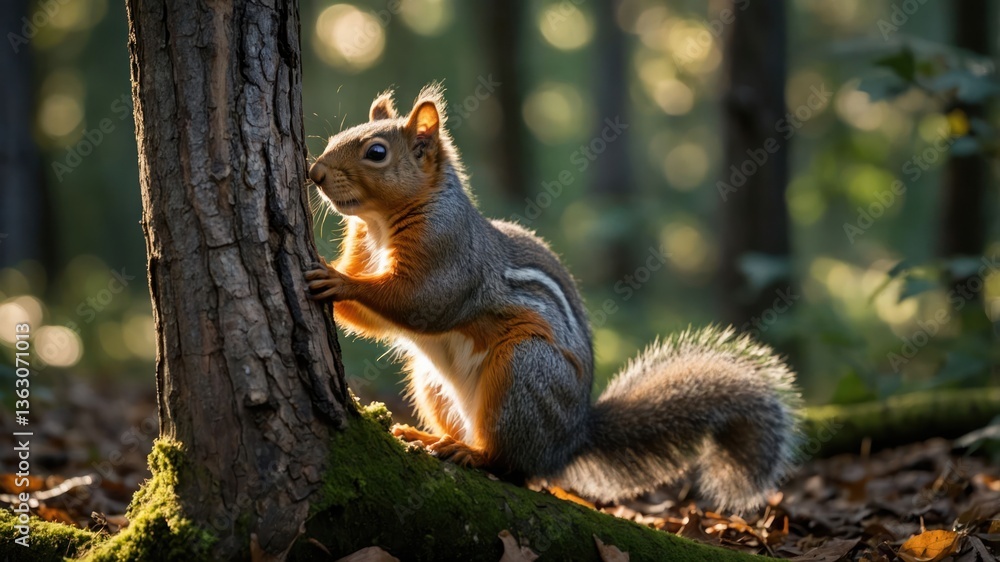 A squirrel perched on a tree in a sunlit forest, showcasing nature's beauty. A squirrel perched on a tree in a sunlit forest, showcasing nature's beauty.