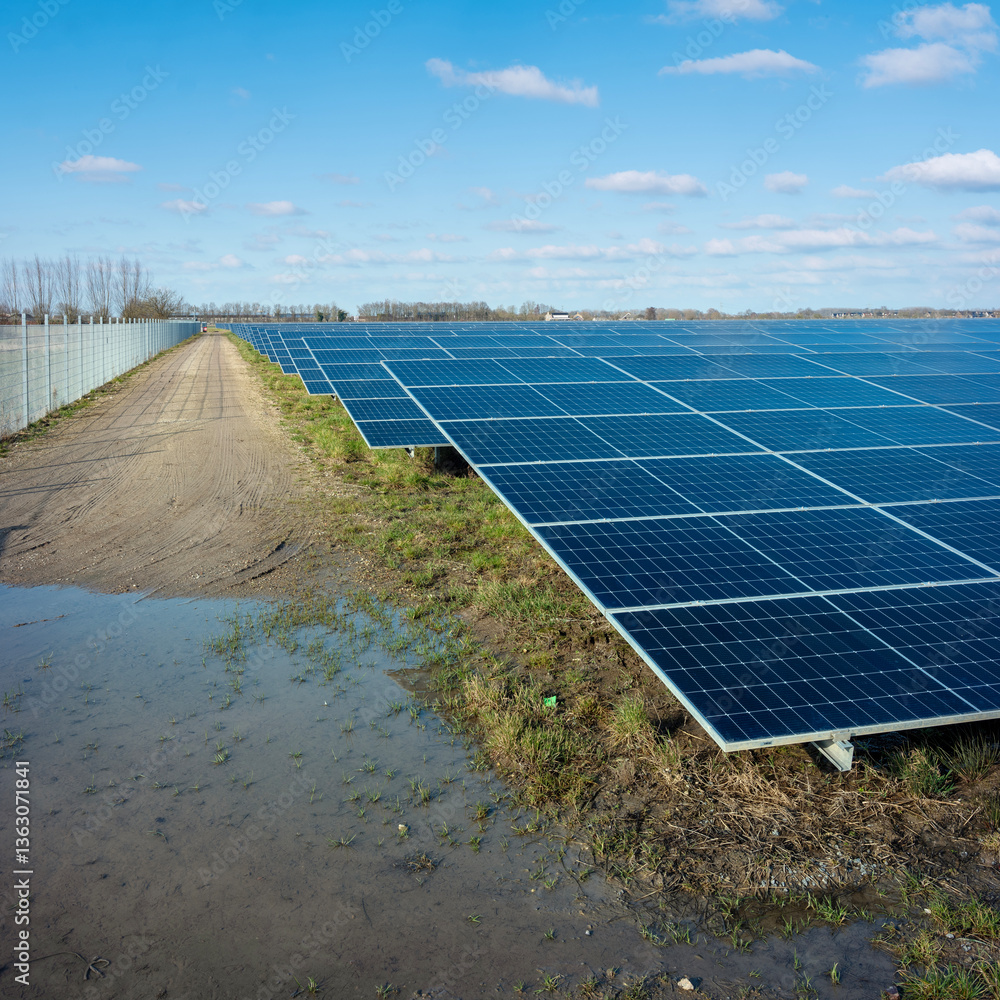 solar panel field under blue sky with fluffy clouds in dutch area near utrecht in holland