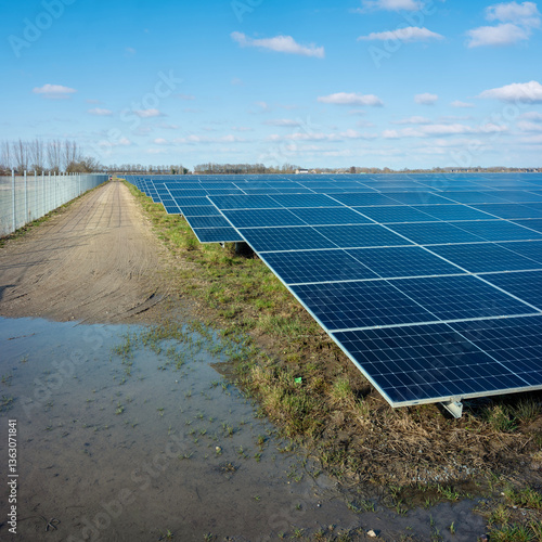 Obraz na płótnie solar panel field under blue sky with fluffy clouds in dutch area near utrecht in holland w salonie