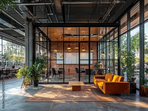 Fototapeta Naklejka Na Ścianę i Meble -   Coworking space with glass rooms, couches, coffee tables, hanging lights, shared whiteboards, creative work vibe, modern and sleek flexible office layout