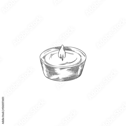 Burning candle hand drawn vector engraved illustration, glowing paraffin candle with fire flame, aromatherapy accessory