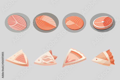 Salmon fillet cuts various shapes and sizes fresh seafood, Tuna Fish Slices Vector Illustration, Salmon Filets Different Angles Fresh Seafood, Illustration of tuna fillets