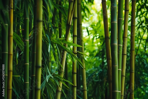 Lush green bamboo forest with sunlight filtering through the dense foliage, creating a serene atmosphere