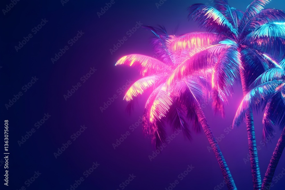 Naklejka premium Vibrant neon-lit palm trees against a dark background, creating a tropical and energetic atmosphere