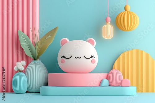Cute Cartoon Bear on Pastel Pink and Blue Platform with Decorative Elements