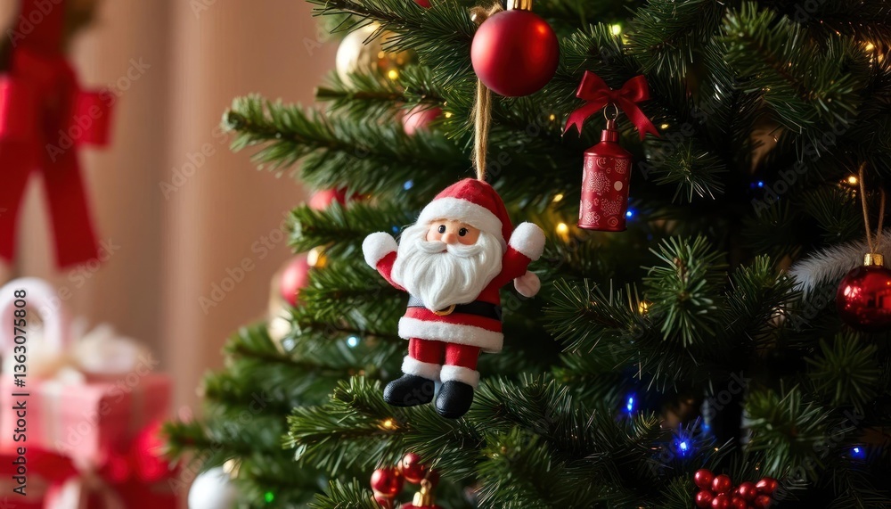 A festive Christmas tree adorned with a Santa ornament and colorful decorations. A festive Christmas tree adorned with a Santa ornament and colorful decorations.