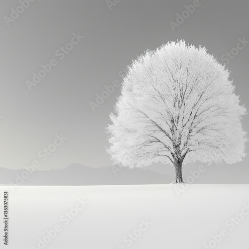 Minimalist Winter Tree in Snowy Landscape with Frosted Branches and Serene Monochrome Tones
