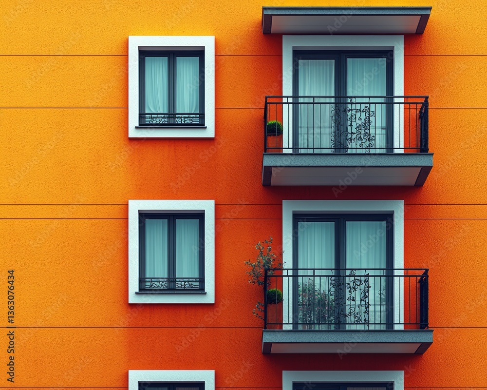 Fototapeta premium Vibrant orange building facade with balconies and window plants in urban setting