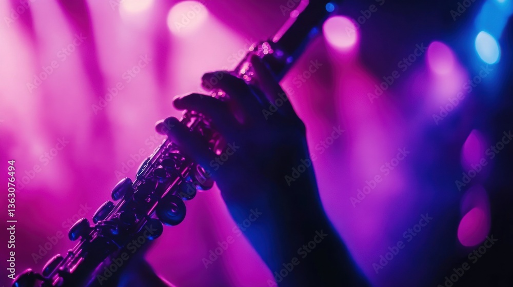 Fototapeta premium Dramatic Close-Up of Hand Playing Flute in Vibrant Stage Lighting