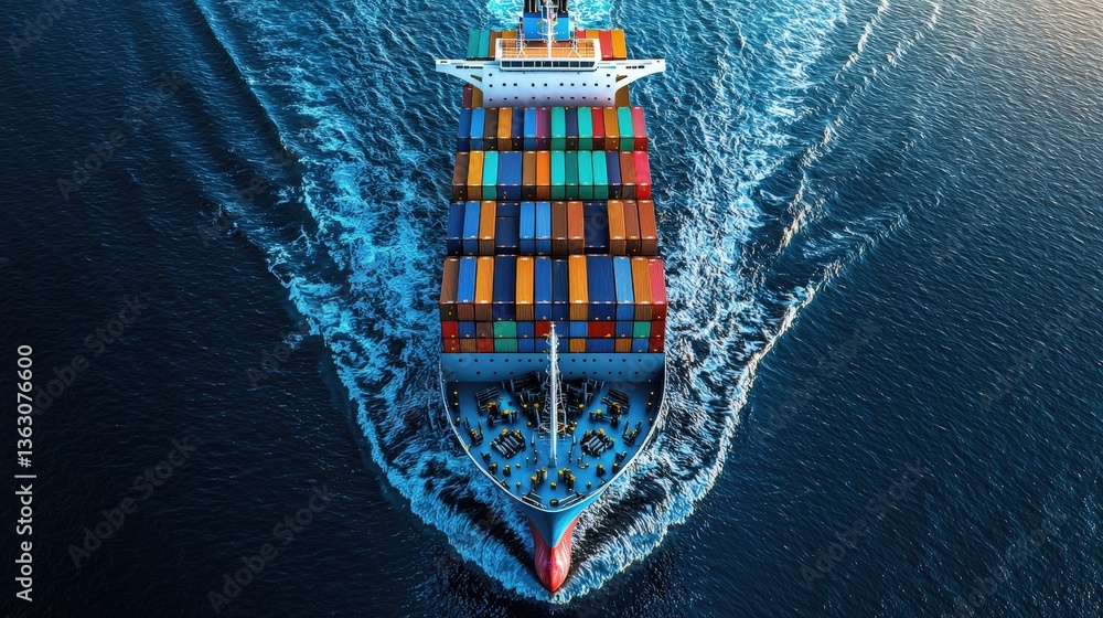 Aerial view of cargo ship with colorful containers sailing through deep blue ocean Aerial view of cargo ship with colorful containers sailing through deep blue ocean