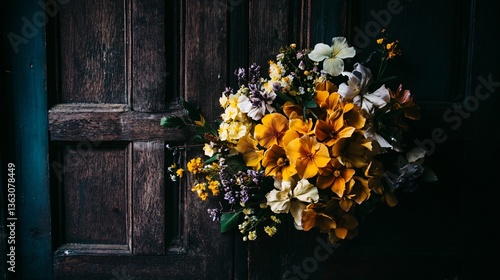 Floral arrangement with yellow flowers against an antique wooden door, in a dark, atmospheric setting