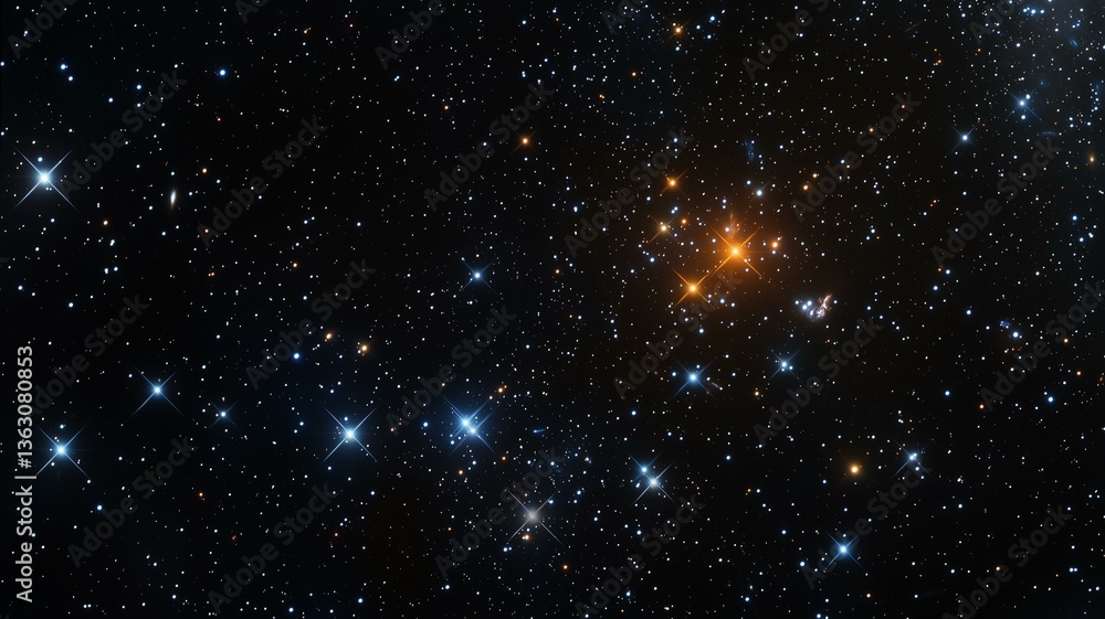 Fototapeta premium Photorealistic image of a dense star cluster with stars of various colors, glowing in deep space 