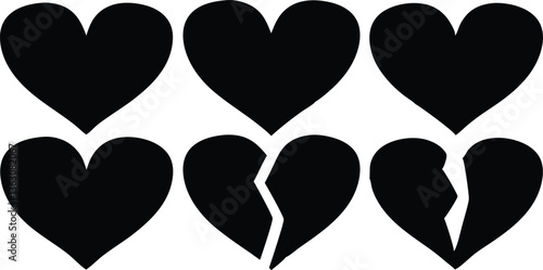 Heart Silhouettes: A series of graphic heart silhouettes illustrating stages of love and heartbreak.