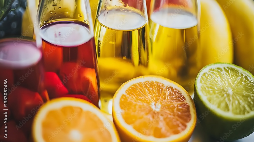 A Burst of Flavors: Bottles of vibrant liquids surrounded by juicy fruits. Freshly squeezed oranges, lime and other fruits evoke a sense of health and refreshment. A Burst of Flavors: Bottles of vibrant liquids surrounded by juicy fruits. Freshly squeezed oranges, lime and other fruits evoke a sense of health and refreshment.