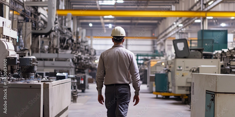 Worker walking through factory hall in industrial setting Generative AI Worker walking through factory hall in industrial setting Generative AI